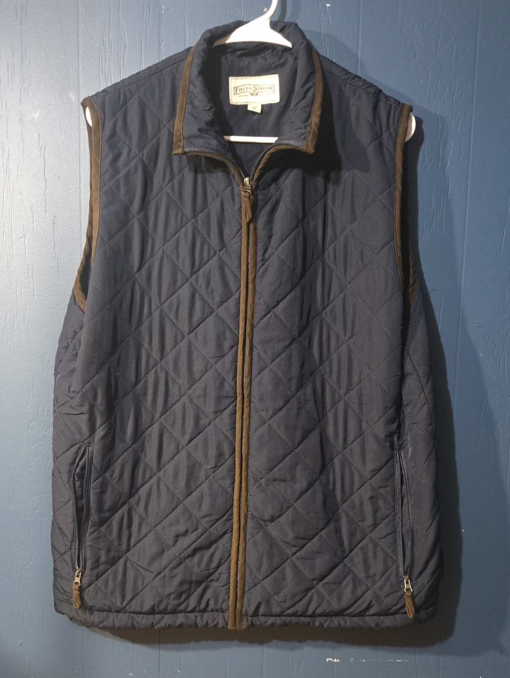 Field And Stream Quilted Navy Vest with Brown Trim